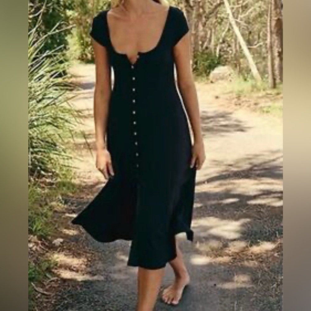 Free People Black Midi Button-Front Dress